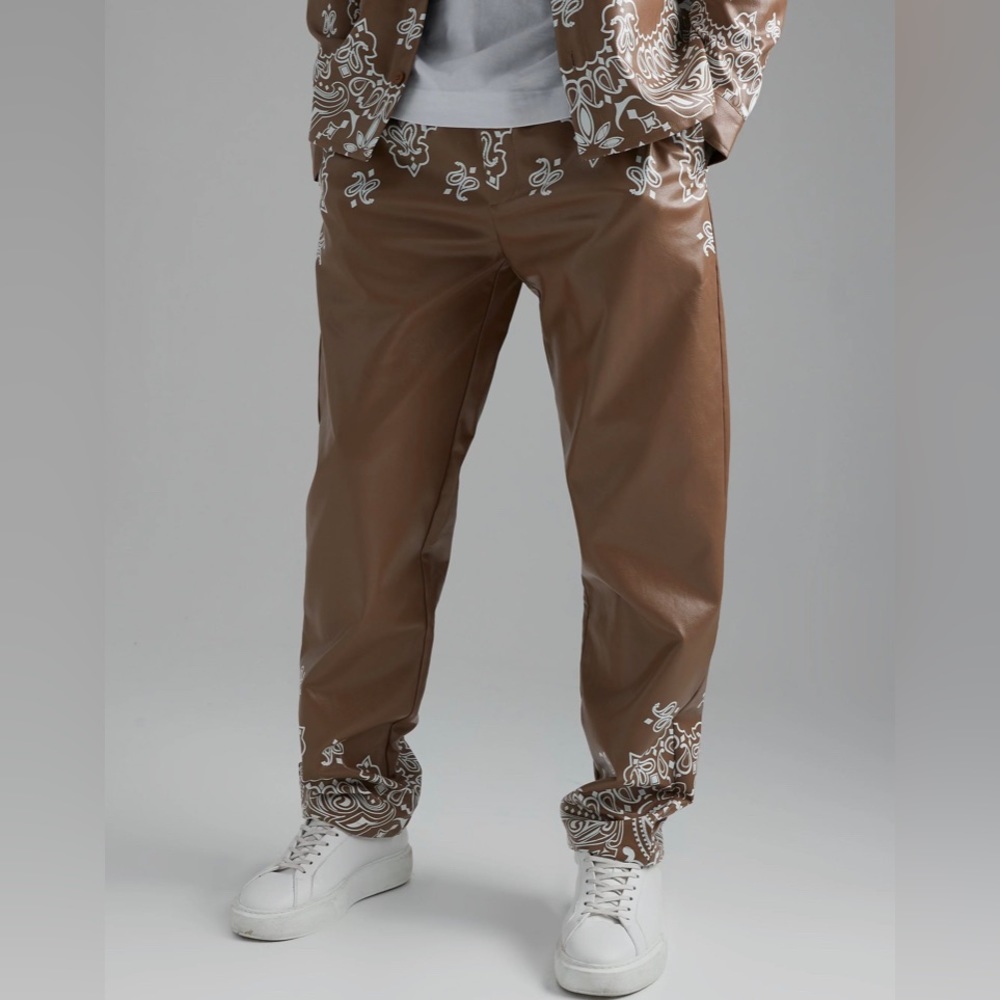 Mens Faux Leather PU Pants Brown Bandana
